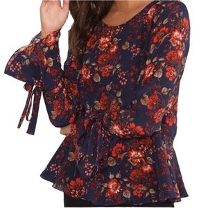 Amour Vert Silk Floral Tie Sleeve Peplum Blouse - S